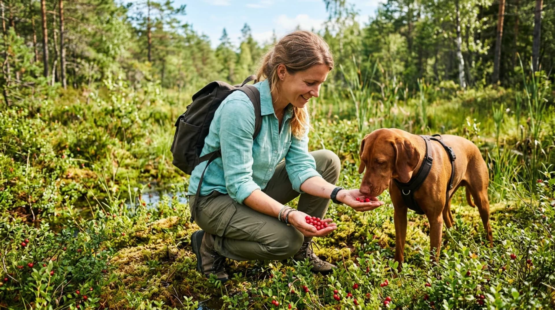 Frau mit Hund im Wald